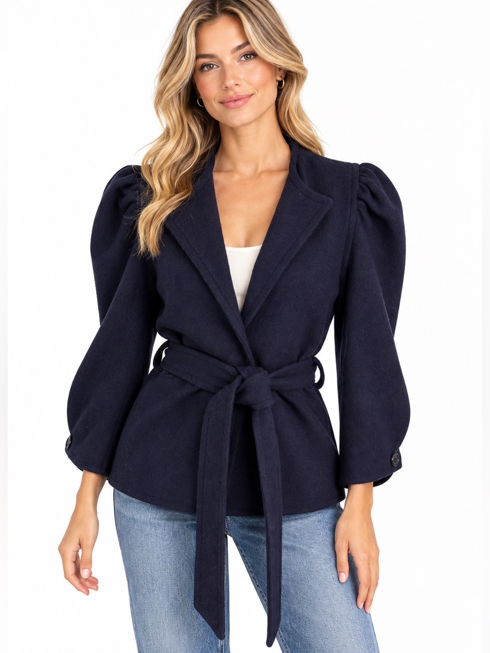 Marie Oliver Wool Wrap Puff Sleeve Jacket Blazer Navy Size S